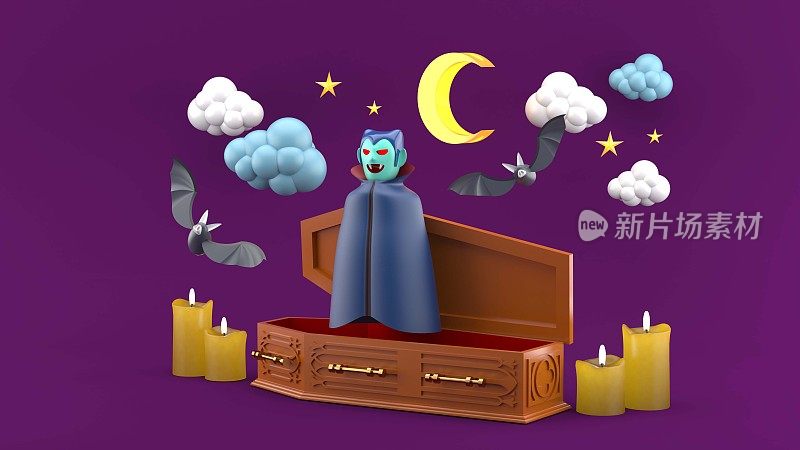 吸血鬼被棺材，蝙蝠和蜡烛包围在紫色的天空中。为万圣节字符。3 d渲染。